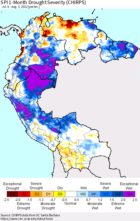 Northern South America SPI 1-Month Drought Severity (CHIRPS) Thematic Map For 7/6/2022 - 8/5/2022