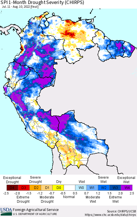 Northern South America SPI 1-Month Drought Severity (CHIRPS) Thematic Map For 7/11/2022 - 8/10/2022