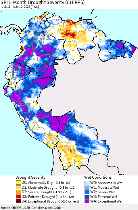 Northern South America SPI 1-Month Drought Severity (CHIRPS) Thematic Map For 7/11/2022 - 8/10/2022