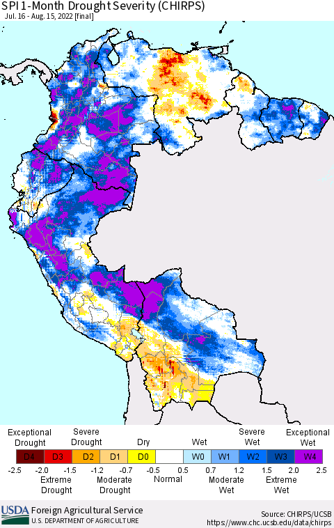 Northern South America SPI 1-Month Drought Severity (CHIRPS) Thematic Map For 7/16/2022 - 8/15/2022