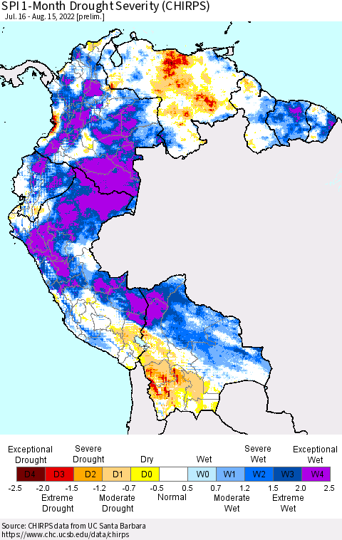 Northern South America SPI 1-Month Drought Severity (CHIRPS) Thematic Map For 7/16/2022 - 8/15/2022