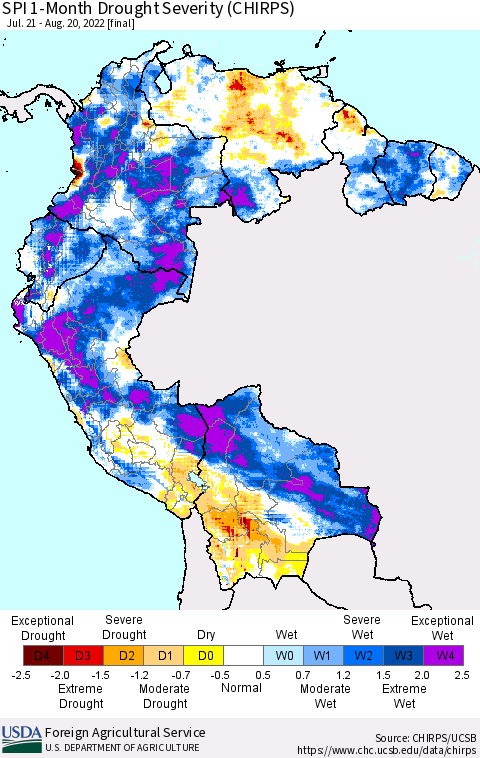 Northern South America SPI 1-Month Drought Severity (CHIRPS) Thematic Map For 7/21/2022 - 8/20/2022