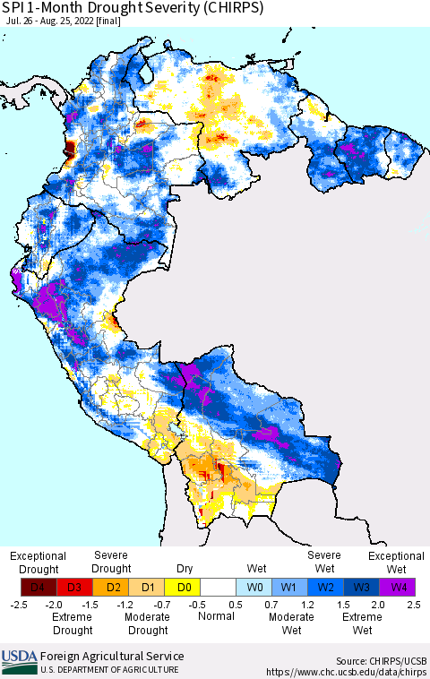 Northern South America SPI 1-Month Drought Severity (CHIRPS) Thematic Map For 7/26/2022 - 8/25/2022