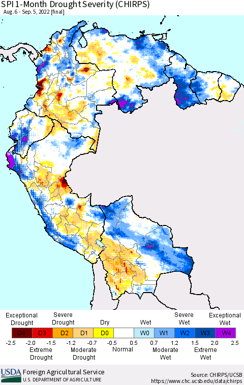 Northern South America SPI 1-Month Drought Severity (CHIRPS) Thematic Map For 8/6/2022 - 9/5/2022