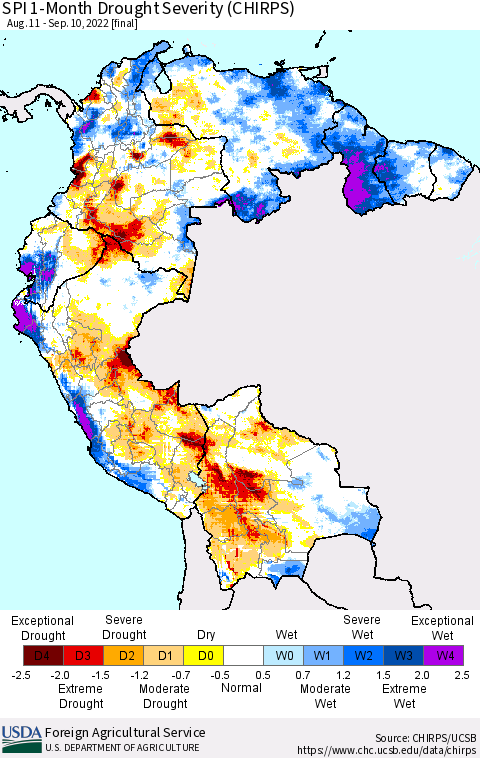 Northern South America SPI 1-Month Drought Severity (CHIRPS) Thematic Map For 8/11/2022 - 9/10/2022