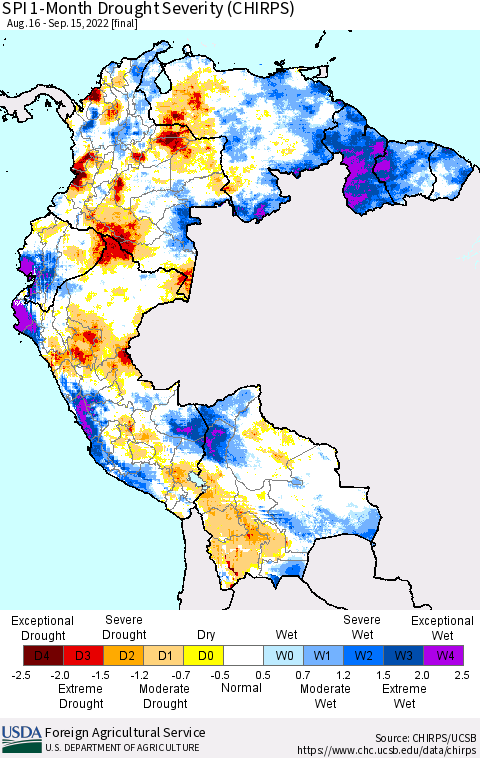 Northern South America SPI 1-Month Drought Severity (CHIRPS) Thematic Map For 8/16/2022 - 9/15/2022