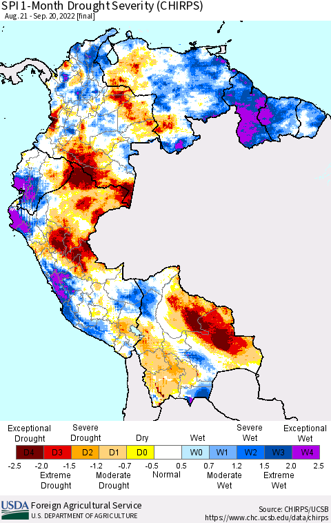 Northern South America SPI 1-Month Drought Severity (CHIRPS) Thematic Map For 8/21/2022 - 9/20/2022