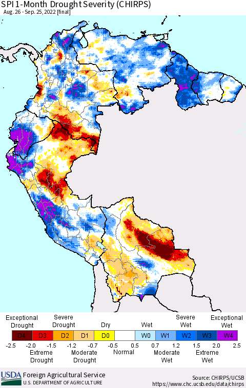 Northern South America SPI 1-Month Drought Severity (CHIRPS) Thematic Map For 8/26/2022 - 9/25/2022