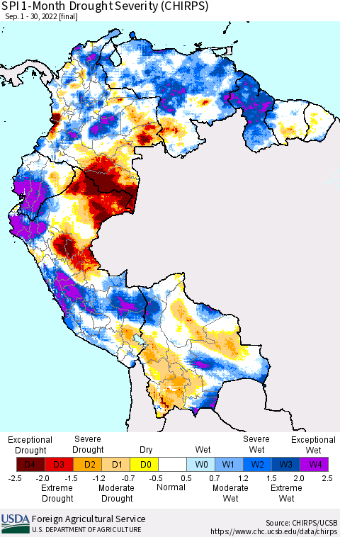 Northern South America SPI 1-Month Drought Severity (CHIRPS) Thematic Map For 9/1/2022 - 9/30/2022