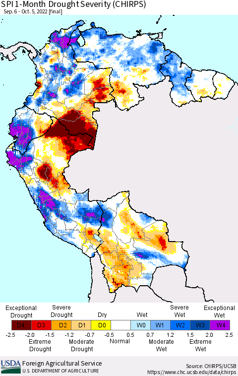 Northern South America SPI 1-Month Drought Severity (CHIRPS) Thematic Map For 9/6/2022 - 10/5/2022