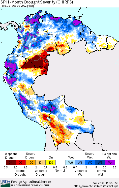 Northern South America SPI 1-Month Drought Severity (CHIRPS) Thematic Map For 9/11/2022 - 10/10/2022