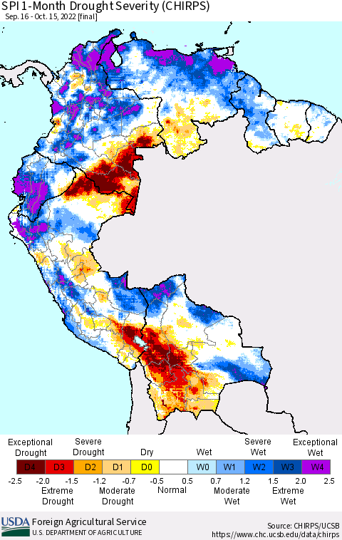 Northern South America SPI 1-Month Drought Severity (CHIRPS) Thematic Map For 9/16/2022 - 10/15/2022