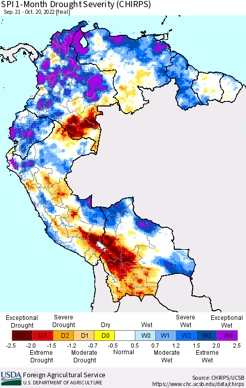 Northern South America SPI 1-Month Drought Severity (CHIRPS) Thematic Map For 9/21/2022 - 10/20/2022