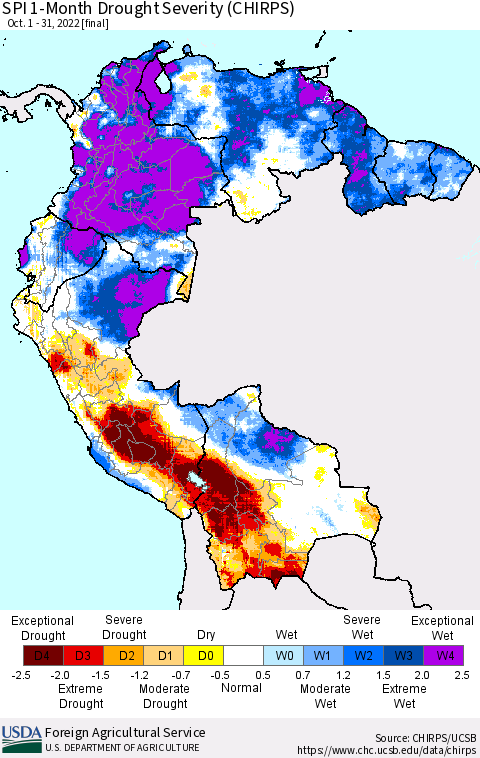 Northern South America SPI 1-Month Drought Severity (CHIRPS) Thematic Map For 10/1/2022 - 10/31/2022