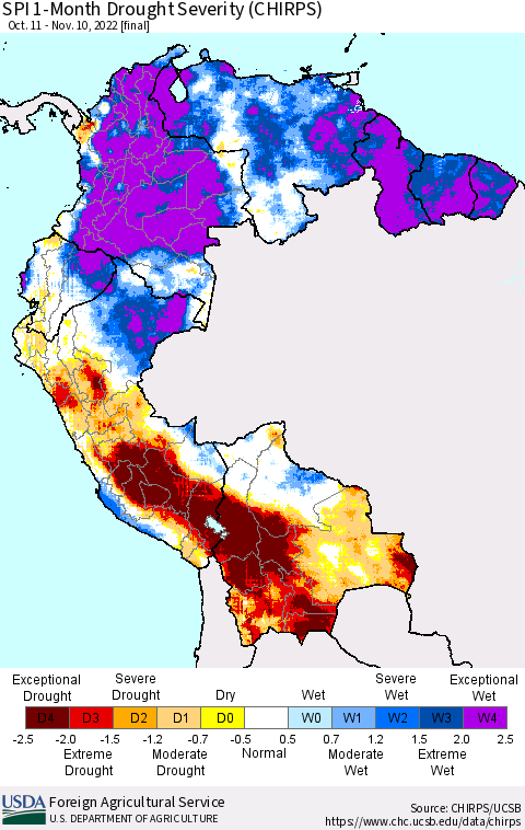 Northern South America SPI 1-Month Drought Severity (CHIRPS) Thematic Map For 10/11/2022 - 11/10/2022