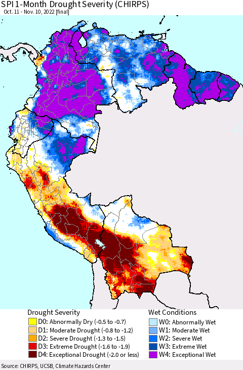 Northern South America SPI 1-Month Drought Severity (CHIRPS) Thematic Map For 10/11/2022 - 11/10/2022