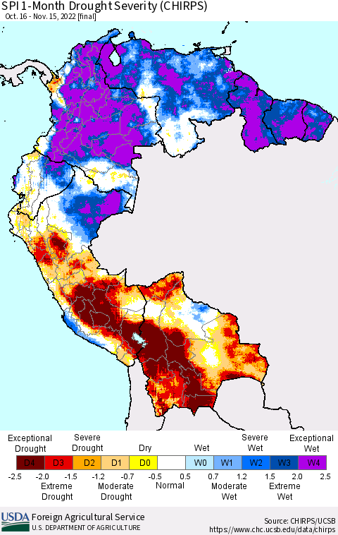 Northern South America SPI 1-Month Drought Severity (CHIRPS) Thematic Map For 10/16/2022 - 11/15/2022