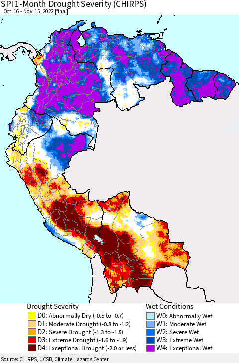 Northern South America SPI 1-Month Drought Severity (CHIRPS) Thematic Map For 10/16/2022 - 11/15/2022