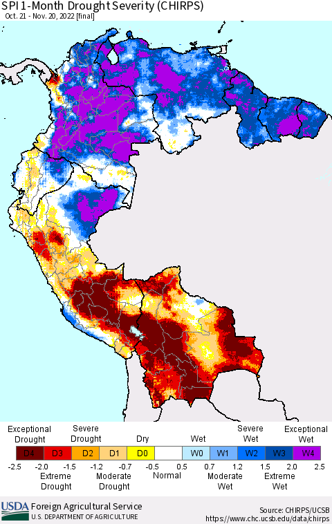Northern South America SPI 1-Month Drought Severity (CHIRPS) Thematic Map For 10/21/2022 - 11/20/2022