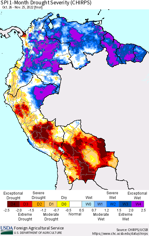 Northern South America SPI 1-Month Drought Severity (CHIRPS) Thematic Map For 10/26/2022 - 11/25/2022