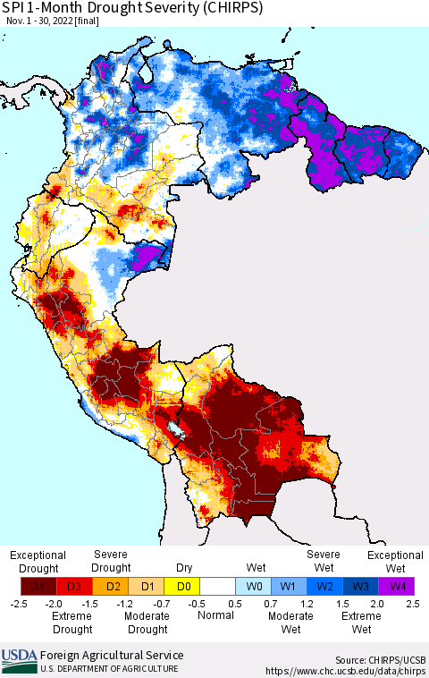 Northern South America SPI 1-Month Drought Severity (CHIRPS) Thematic Map For 11/1/2022 - 11/30/2022