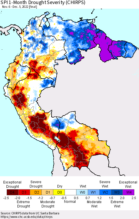Northern South America SPI 1-Month Drought Severity (CHIRPS) Thematic Map For 11/6/2022 - 12/5/2022
