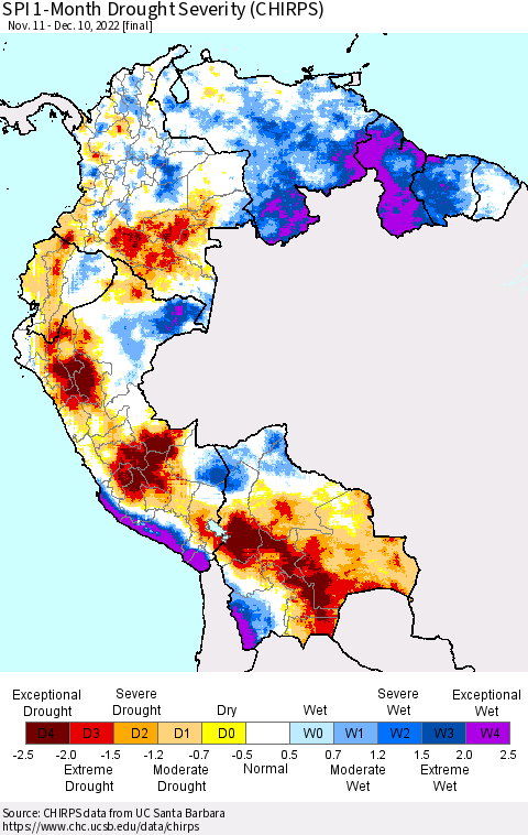 Northern South America SPI 1-Month Drought Severity (CHIRPS) Thematic Map For 11/11/2022 - 12/10/2022