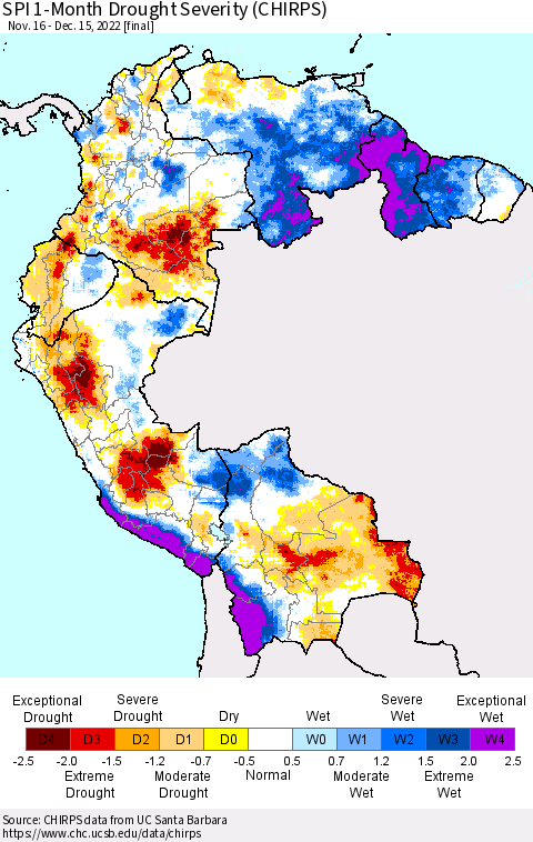 Northern South America SPI 1-Month Drought Severity (CHIRPS) Thematic Map For 11/16/2022 - 12/15/2022