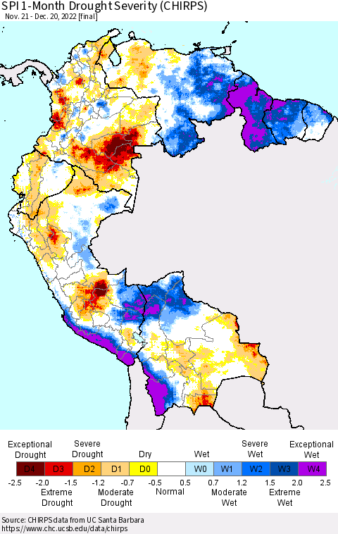 Northern South America SPI 1-Month Drought Severity (CHIRPS) Thematic Map For 11/21/2022 - 12/20/2022