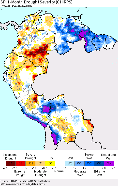 Northern South America SPI 1-Month Drought Severity (CHIRPS) Thematic Map For 11/26/2022 - 12/25/2022