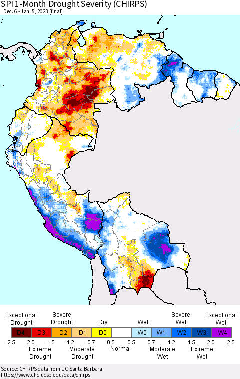 Northern South America SPI 1-Month Drought Severity (CHIRPS) Thematic Map For 12/6/2022 - 1/5/2023