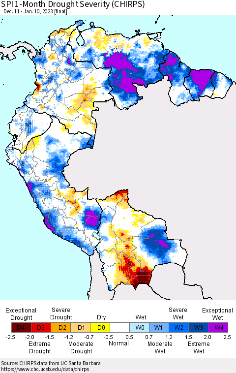 Northern South America SPI 1-Month Drought Severity (CHIRPS) Thematic Map For 12/11/2022 - 1/10/2023