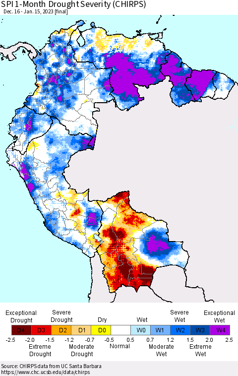 Northern South America SPI 1-Month Drought Severity (CHIRPS) Thematic Map For 12/16/2022 - 1/15/2023