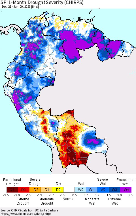 Northern South America SPI 1-Month Drought Severity (CHIRPS) Thematic Map For 12/21/2022 - 1/20/2023
