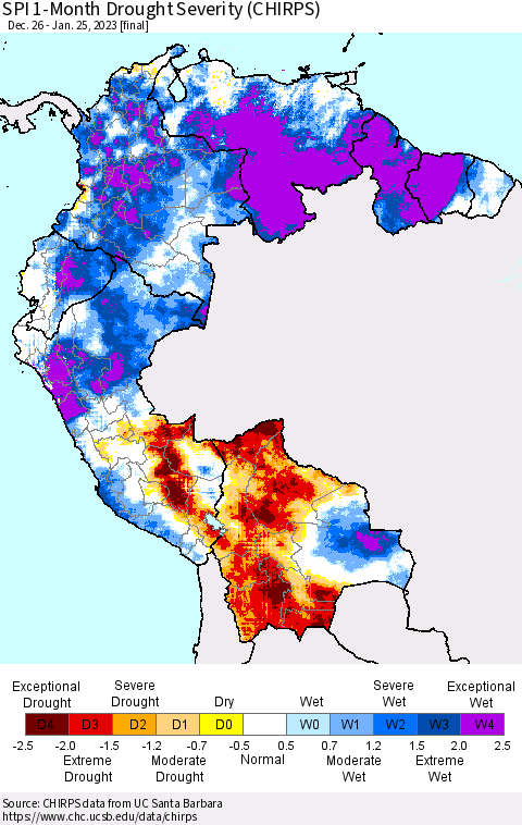 Northern South America SPI 1-Month Drought Severity (CHIRPS) Thematic Map For 12/26/2022 - 1/25/2023