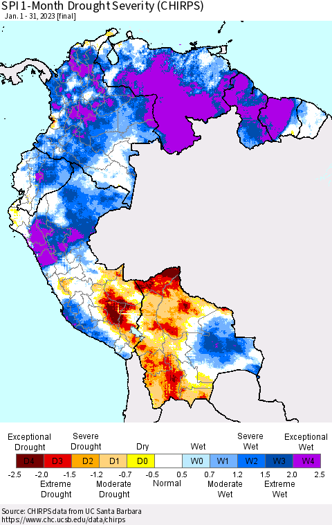 Northern South America SPI 1-Month Drought Severity (CHIRPS) Thematic Map For 1/1/2023 - 1/31/2023