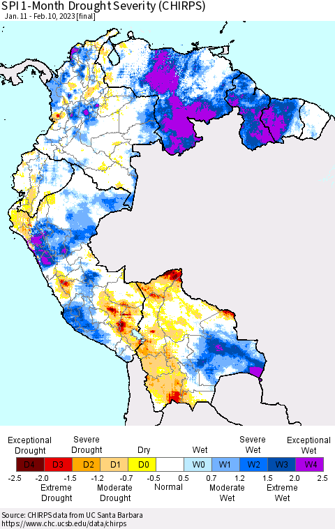 Northern South America SPI 1-Month Drought Severity (CHIRPS) Thematic Map For 1/11/2023 - 2/10/2023