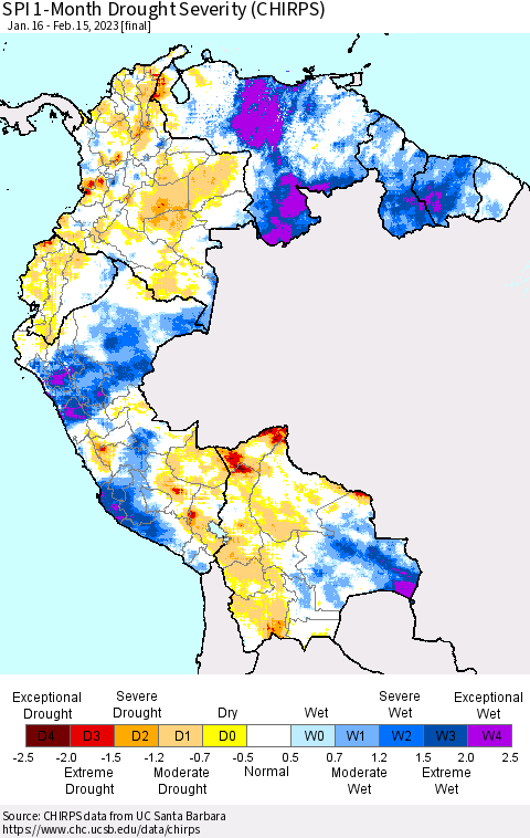 Northern South America SPI 1-Month Drought Severity (CHIRPS) Thematic Map For 1/16/2023 - 2/15/2023