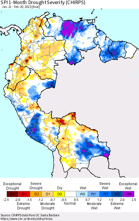 Northern South America SPI 1-Month Drought Severity (CHIRPS) Thematic Map For 1/21/2023 - 2/20/2023