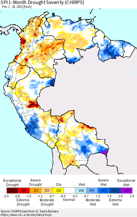 Northern South America SPI 1-Month Drought Severity (CHIRPS) Thematic Map For 2/1/2023 - 2/28/2023