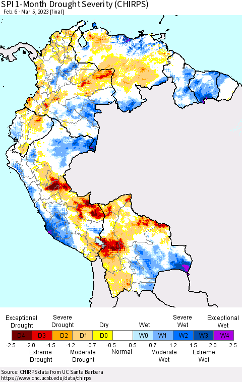 Northern South America SPI 1-Month Drought Severity (CHIRPS) Thematic Map For 2/6/2023 - 3/5/2023