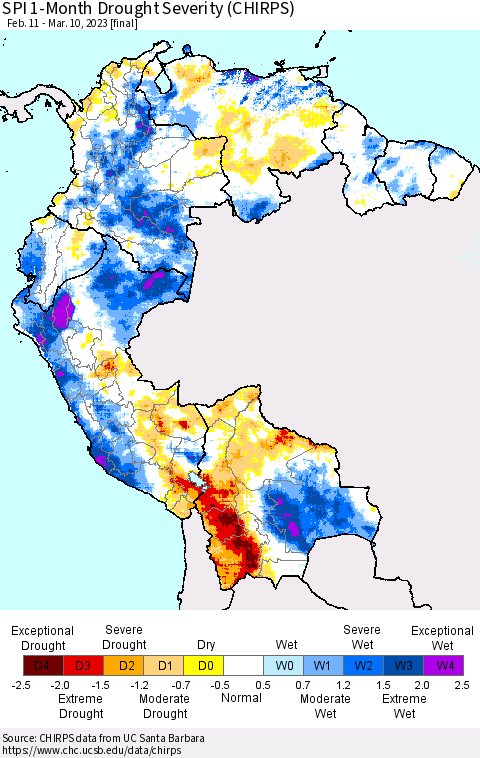 Northern South America SPI 1-Month Drought Severity (CHIRPS) Thematic Map For 2/11/2023 - 3/10/2023
