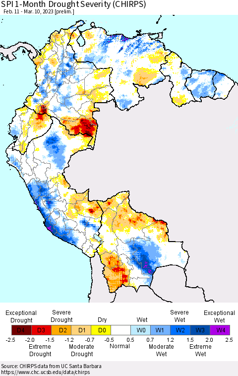Northern South America SPI 1-Month Drought Severity (CHIRPS) Thematic Map For 2/11/2023 - 3/10/2023
