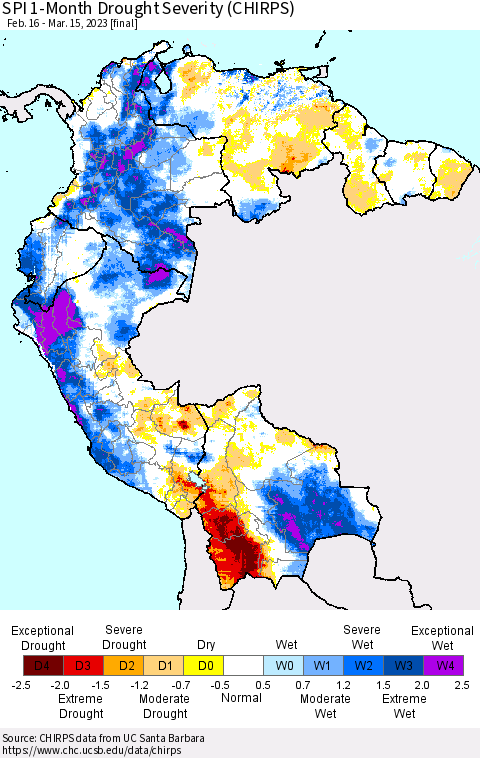 Northern South America SPI 1-Month Drought Severity (CHIRPS) Thematic Map For 2/16/2023 - 3/15/2023