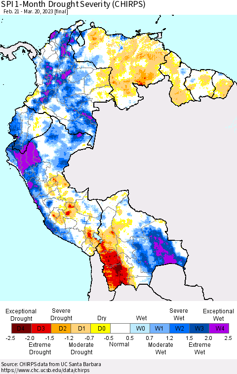 Northern South America SPI 1-Month Drought Severity (CHIRPS) Thematic Map For 2/21/2023 - 3/20/2023
