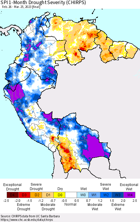 Northern South America SPI 1-Month Drought Severity (CHIRPS) Thematic Map For 2/26/2023 - 3/25/2023