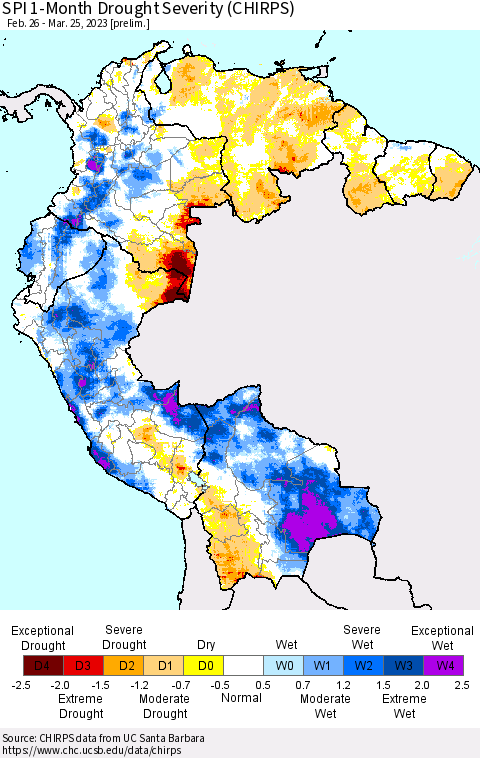 Northern South America SPI 1-Month Drought Severity (CHIRPS) Thematic Map For 2/26/2023 - 3/25/2023