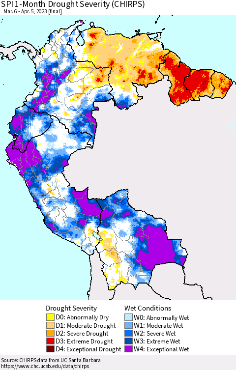 Northern South America SPI 1-Month Drought Severity (CHIRPS) Thematic Map For 3/6/2023 - 4/5/2023