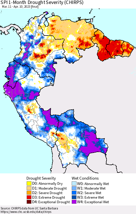 Northern South America SPI 1-Month Drought Severity (CHIRPS) Thematic Map For 3/11/2023 - 4/10/2023