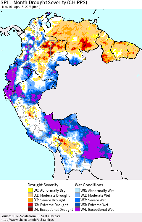 Northern South America SPI 1-Month Drought Severity (CHIRPS) Thematic Map For 3/16/2023 - 4/15/2023
